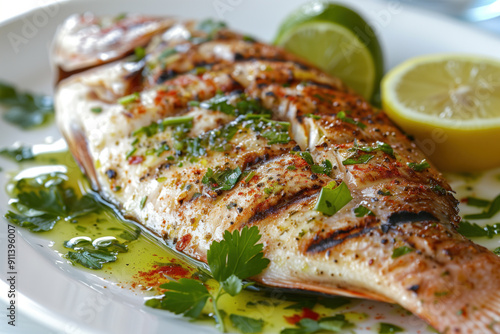 Herb and lemon seasoned grilled red snapper photo