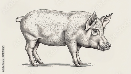 Wallpaper Mural Pig, hog, boar. Vintage retro print, black white pig sketch ink pencil style drawing, linear drawing, engrave old school. Sketch artwork silhouette pig, hog, boar. Side view profile. Illustration Torontodigital.ca