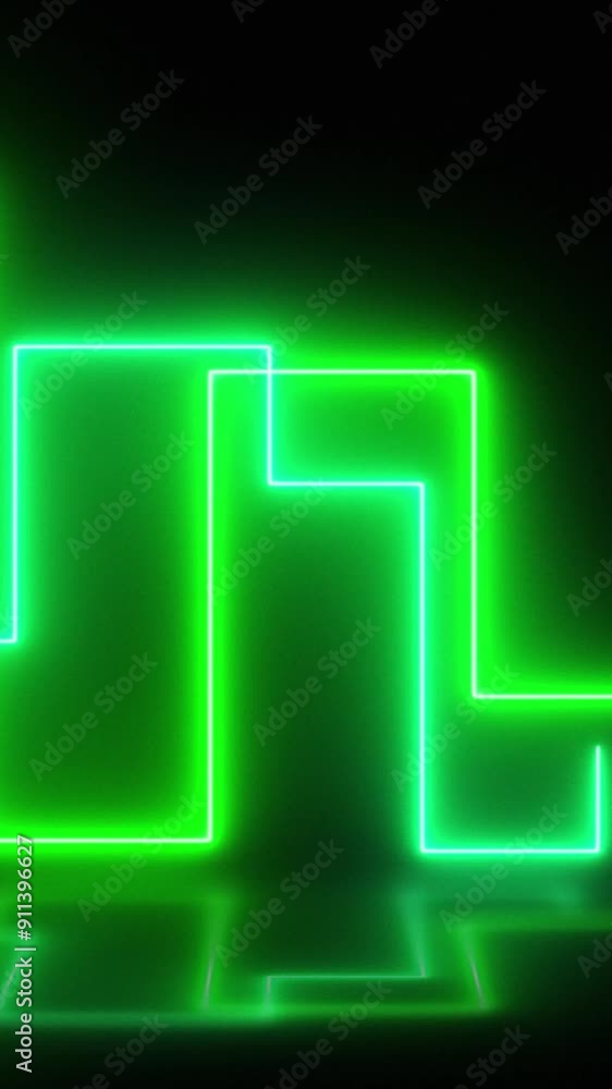 Neon led glowing techno rectangles lines,green hi-tech futuristic abstract background with reflect on the floor.Endless maze or labyrinth style flashing light rectangular frames. Digital animation Neon led glowing techno rectangles lines,green hi-tech futuristic abstract background with reflect on the floor.Endless maze or labyrinth style flashing light rectangular frames. Digital animation