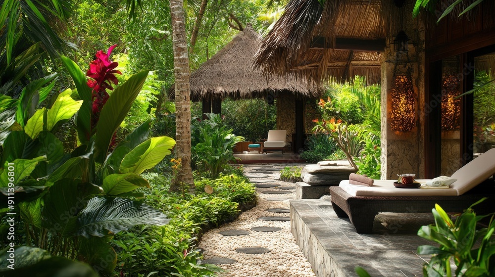 Serene garden pathway leading to a relaxing spa retreat surrounded by lush greenery and tropical flowers. Serene garden pathway leading to a relaxing spa retreat surrounded by lush greenery and tropical flowers.