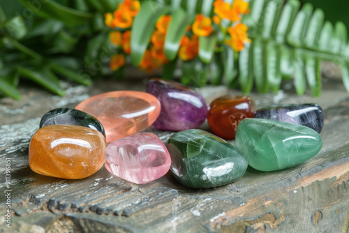 Colorful tumbled crystals and stones photo