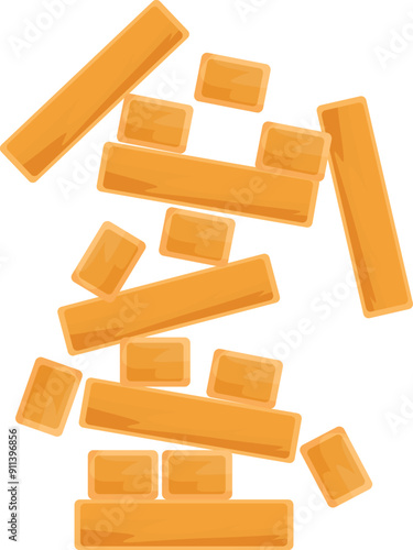 Tower made of light brown wooden blocks is collapsing on a white background