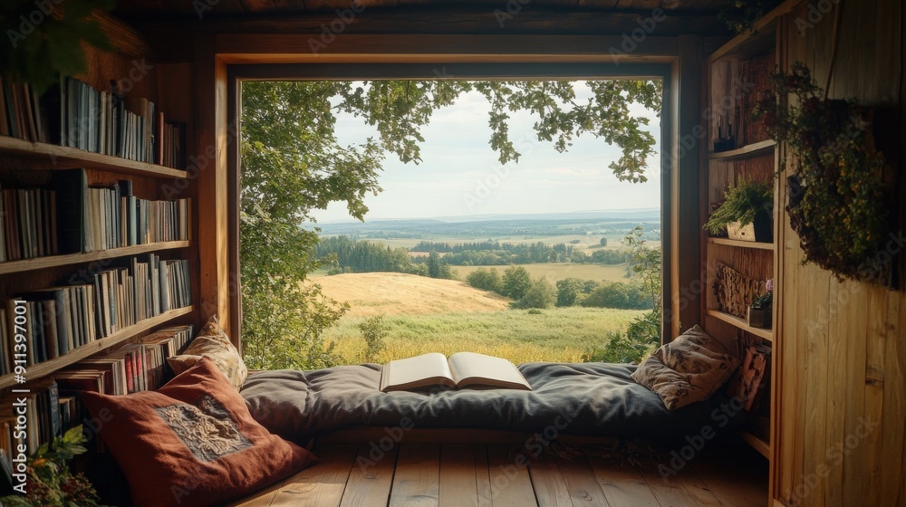A cozy reading nook with a scenic view, surrounded by books and nature's beauty, perfect for relaxation and inspiration. A cozy reading nook with a scenic view, surrounded by books and nature's beauty, perfect for relaxation and inspiration.