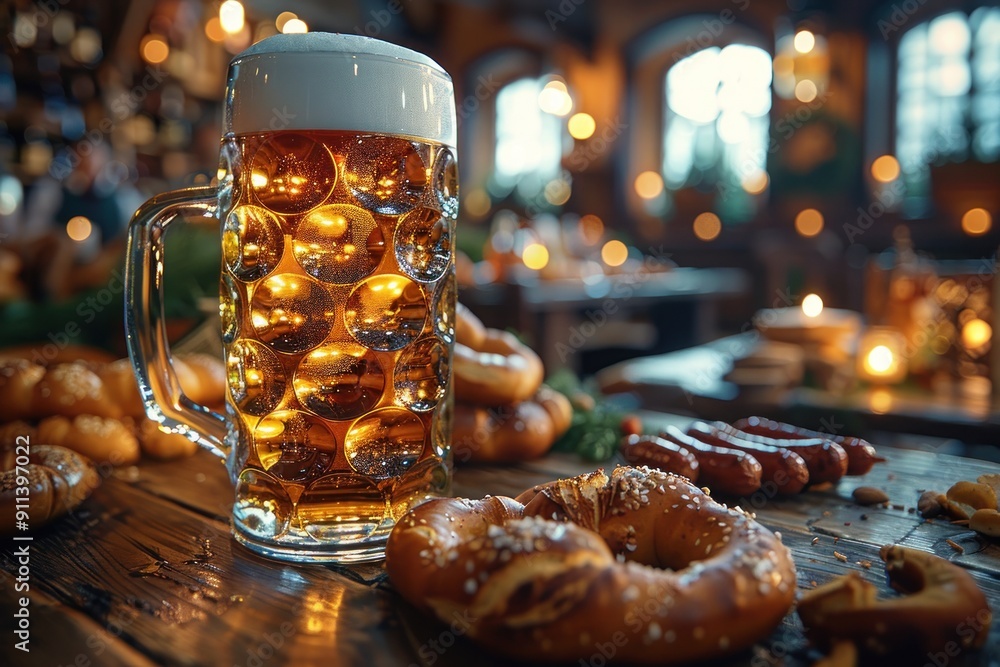 Festive table at Oktoberfest with large pretzels, sausages, and beer steins, lively festival environment Festive table at Oktoberfest with large pretzels, sausages, and beer steins, lively festival environment