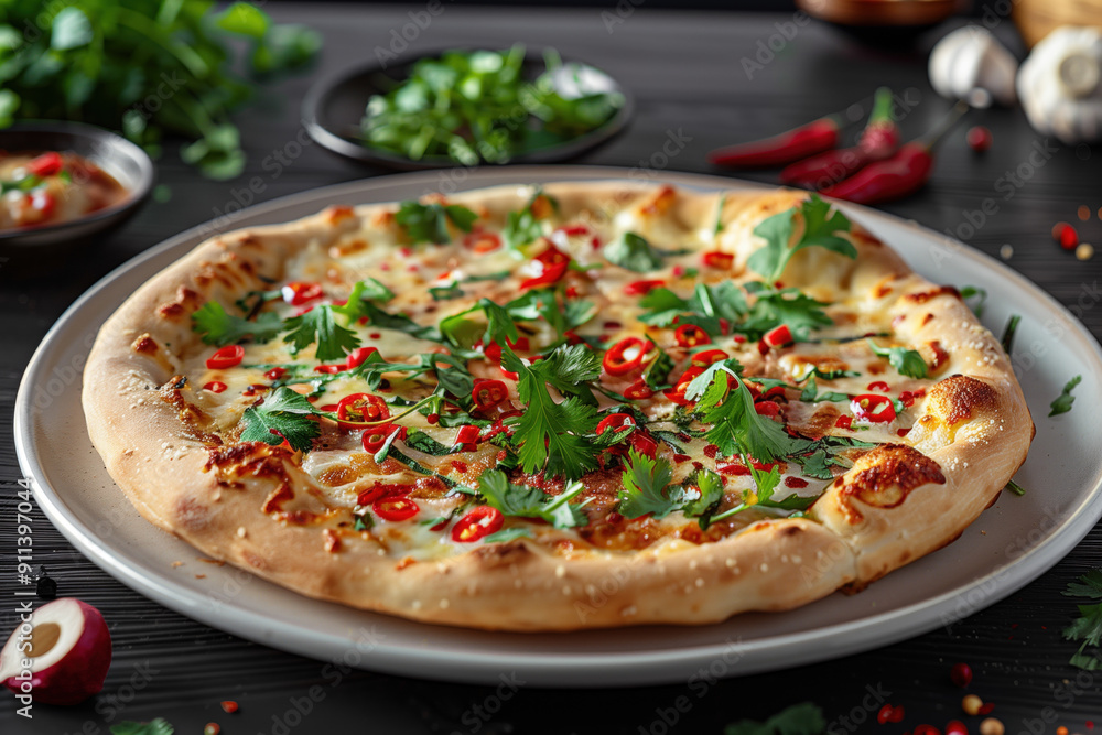 Fresh herb and chili pizza on a white plate Fresh herb and chili pizza on a white plate