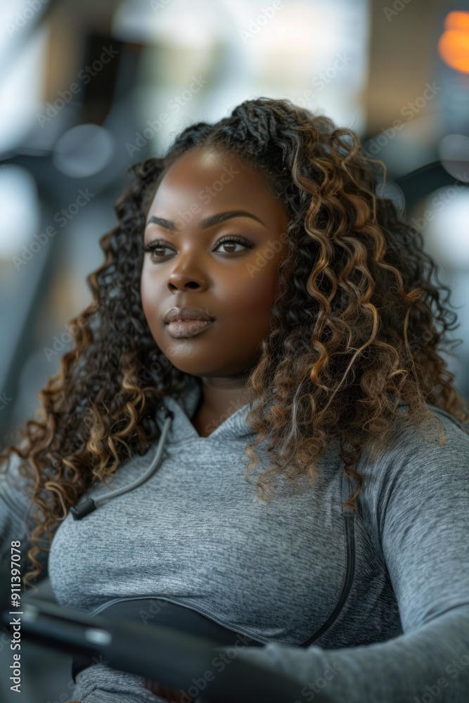 Black African American plus-size female using a rowing machine at the gym, cardio and endurance training Black African American plus-size female using a rowing machine at the gym, cardio and endurance training