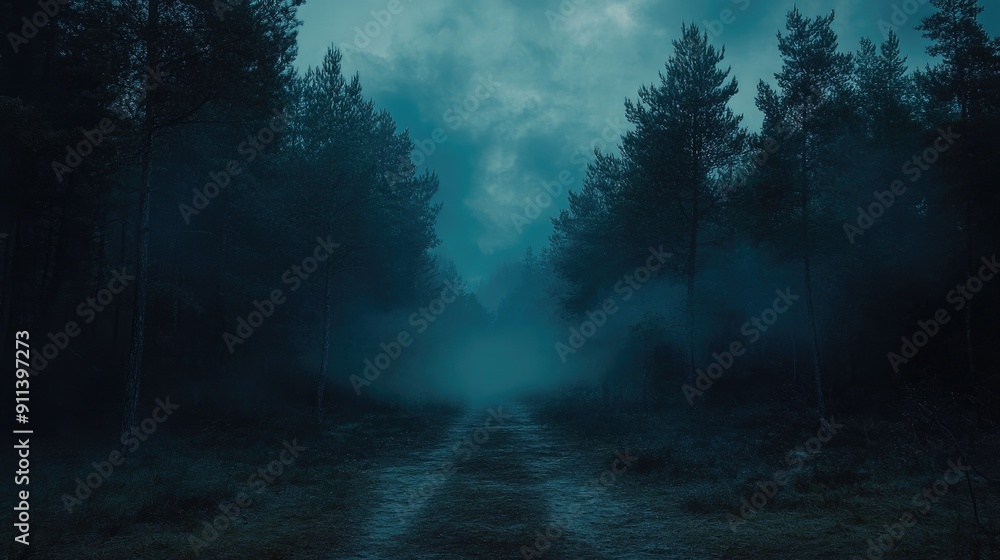 Fototapeta premium Eerie Night Forest with Foggy Trail Under Dark Sky