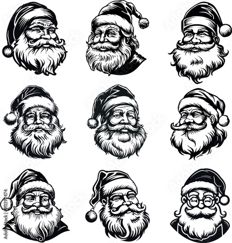 Jolly Santa Claus Faces Silhouettes in Festive Black and White Art
