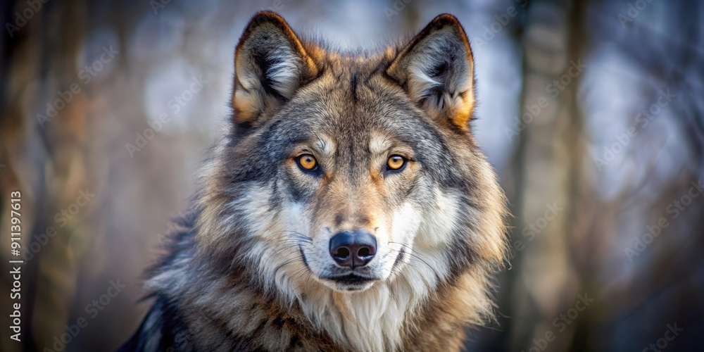 Obraz premium Close up of a fierce and majestic wolf in the wild, predator, nature, wildlife, animal, fur, wilderness, carnivore, pack, howl