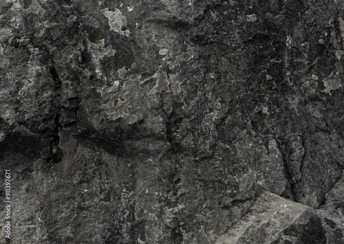 Black yellow rock texture. Mountain surface. Close-up. Gray stone background with copy space for design. Wide banner. Panoramic.