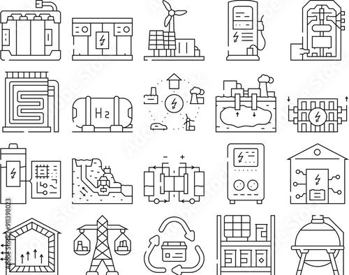 energy storage power battery icons set vector. solar panel, system grid, photovoltaic lithium, electric green, ion, smart, industry energy storage power battery black contour illustrations