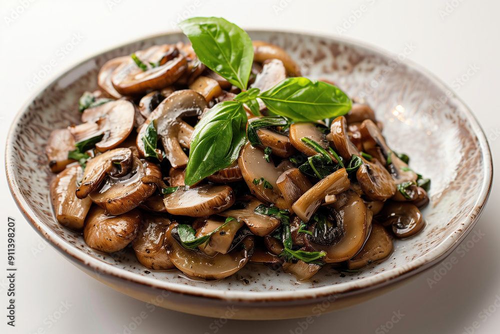 Sauteed mushrooms garnished with basil on a ceramic plate Sauteed mushrooms garnished with basil on a ceramic plate