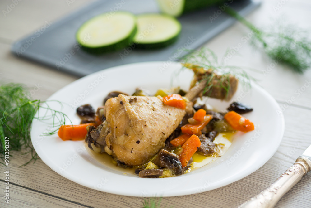 roast chicken with mushrooms and vegetables in a plate on a wooden table roast chicken with mushrooms and vegetables in a plate on a wooden table