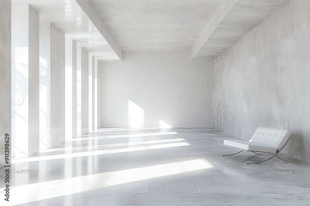A minimalist interior with light streaming through, showcasing clean lines and a modern aesthetic in an open space. A minimalist interior with light streaming through, showcasing clean lines and a modern aesthetic in an open space.