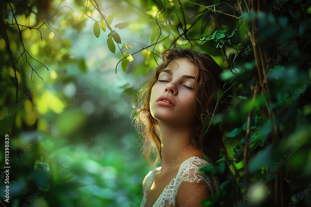 A serene young woman surrounded by lush greenery, embodying tranquility and connection with nature in soft, natural light. A serene young woman surrounded by lush greenery, embodying tranquility and connection with nature in soft, natural light.