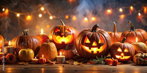 Background of glowing jack-o-lantern pumpkins and spooky Halloween symbols , pumpkins, Halloween, background