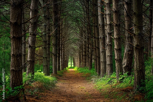Serene forest pathway lined with tall trees, inviting exploration and tranquility in the lush greenery.