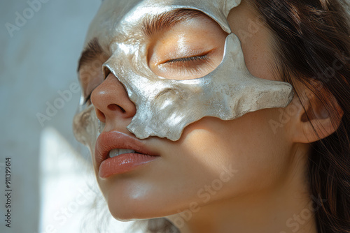 Elegant image of a woman with silver parietal bone pieces, creating a minimalist and modern look, photo