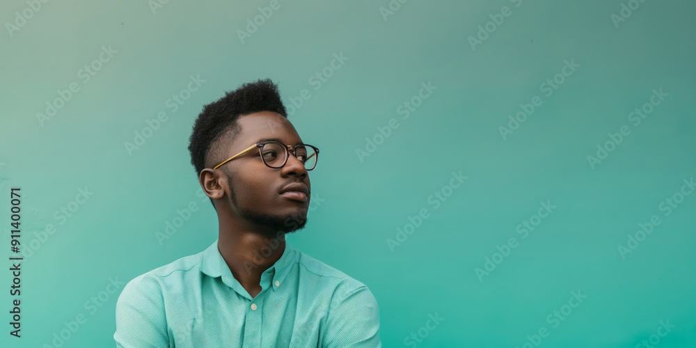 Fototapeta premium A confident man wearing glasses stands against a striking teal background, exuding a strong sense of individuality and style.