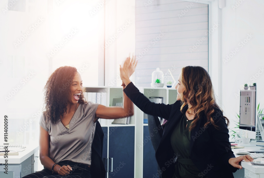 High five, celebration and business women in office with public relations project victory. Happy, collaboration and female international communications team with client deal success in workplace. High five, celebration and business women in office with public relations project victory. Happy, collaboration and female international communications team with client deal success in workplace.