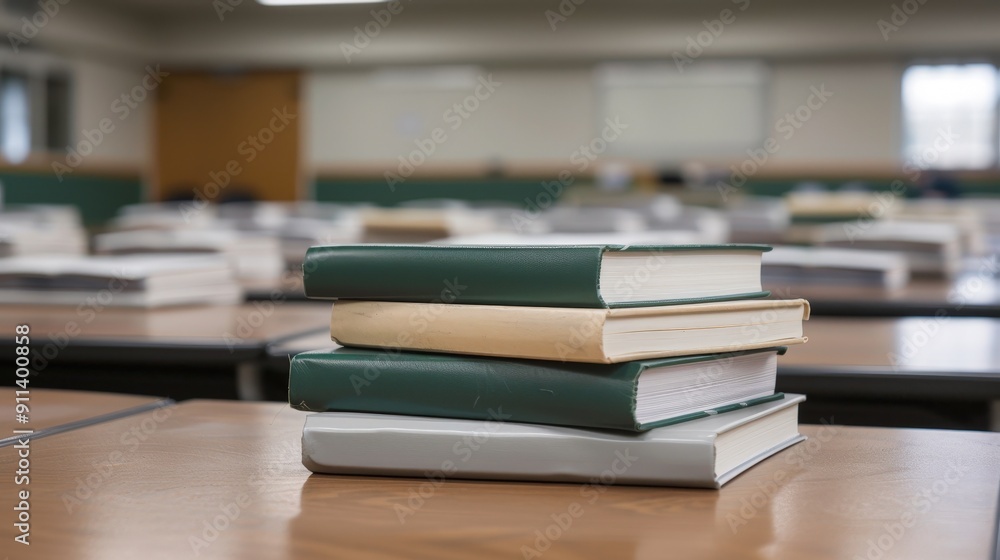 Inside a university lecture hall, journals and textbooks on desks, providing an overview of a typical academic session Inside a university lecture hall, journals and textbooks on desks, providing an overview of a typical academic session