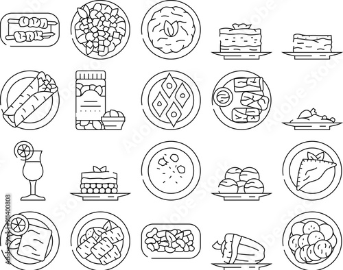 greek cuisine food salad icons set vector. greece table, mediterranean feta, meal island, dinner cheese, restaurant, oil olive greek cuisine food salad black contour illustrations