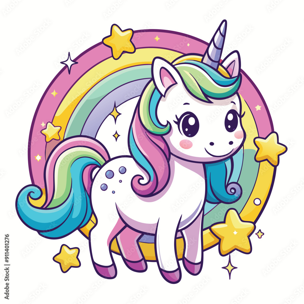Naklejka premium Cute magical unicorn and raibow. Print for t-shirt or sticker. Vector design isolated on white background. Romantic hand drawing illustration for children