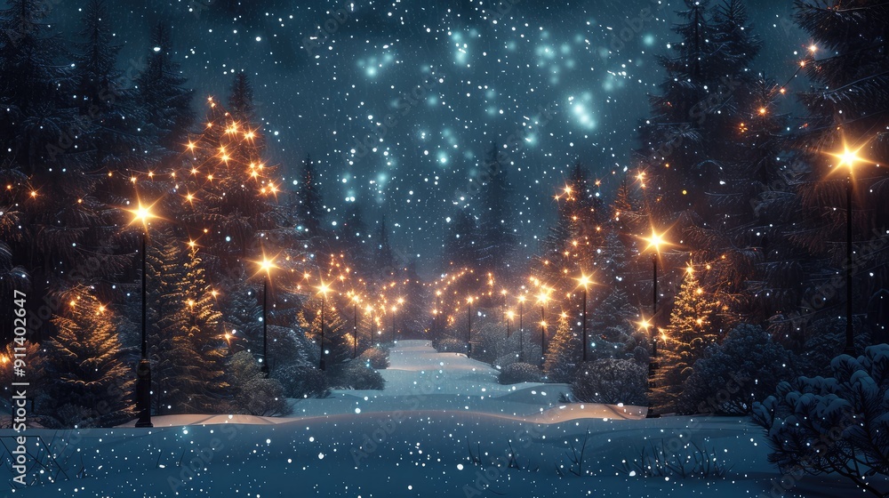 snow falling at night in a snowy dark forest with lights and stars snow falling at night in a snowy dark forest with lights and stars