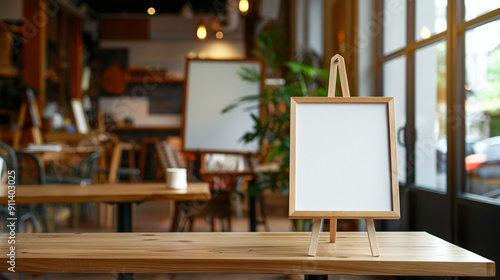 Mockup of a menu frame in a bar restaurant, positioned on a wooden table with white sheets of paper and an acrylic tent card, against a blurred cafeteria background.