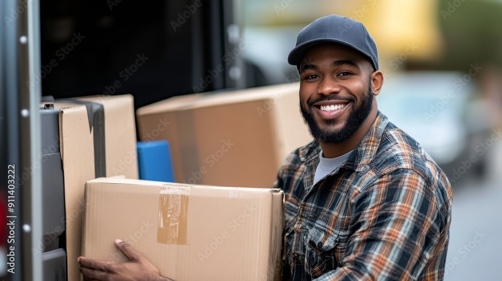 A delivery driver greeting a customer with a smile as they hand over a package A delivery driver greeting a customer with a smile as they hand over a package