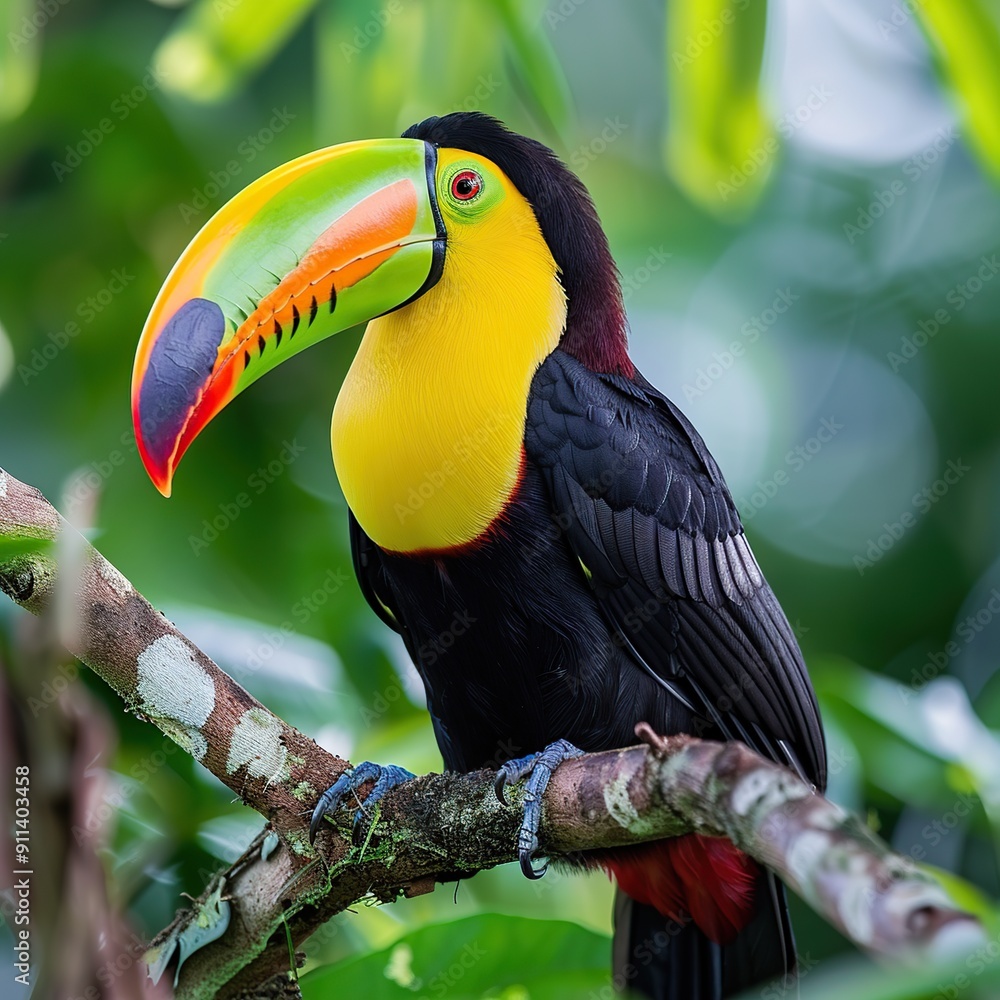Naklejka premium Brilliant Colors of the Keel Billed Toucan in the Tropical Canopy