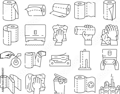 paper towel kitchen roll tissue icons set vector. clean toilet, wipe, napkin, bathroom wet, table, cleaning dry, hands cleanliness paper towel kitchen roll tissue black contour illustrations