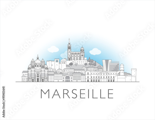 Marseille skyline cityscape line art style vector illustration