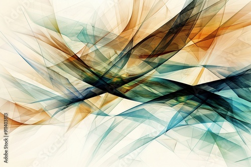 Eco-Friendly Design: A banner with a background of flowing, interconnected lines and shapes in earthy tones such as brown, green, and beige. The overlay features transparent geometric shapes