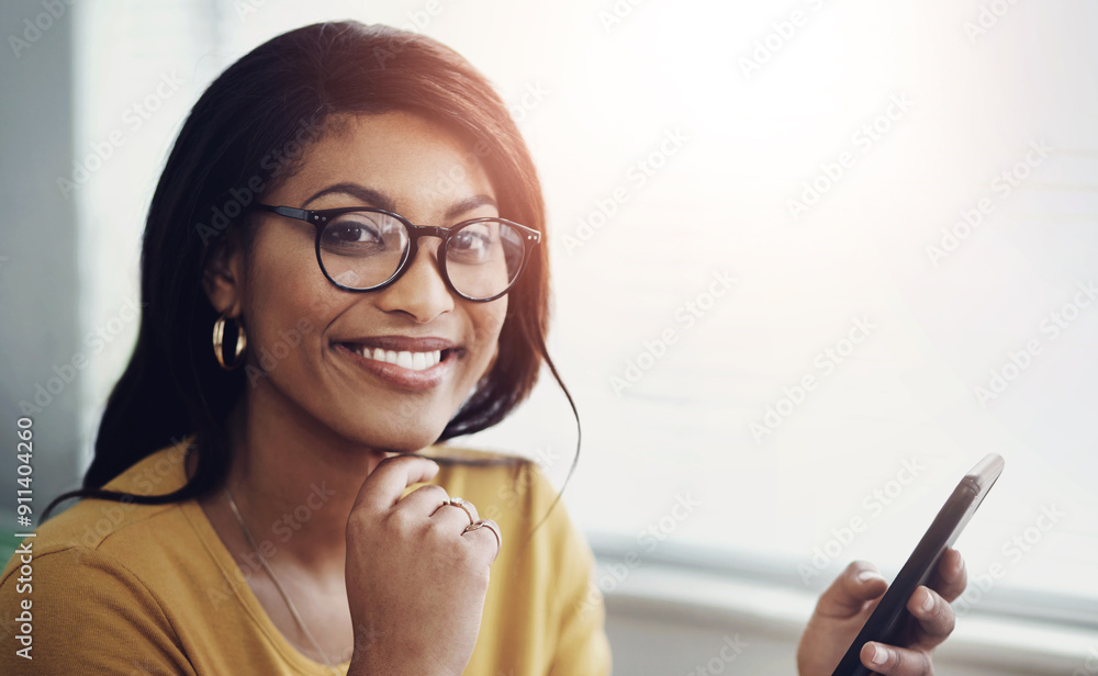 Remote work, phone and woman with glasses in portrait, contact and happy for feedback. Smile, freelancer and mobile at home for communication, client support and networking for job opportunity Remote work, phone and woman with glasses in portrait, contact and happy for feedback. Smile, freelancer and mobile at home for communication, client support and networking for job opportunity