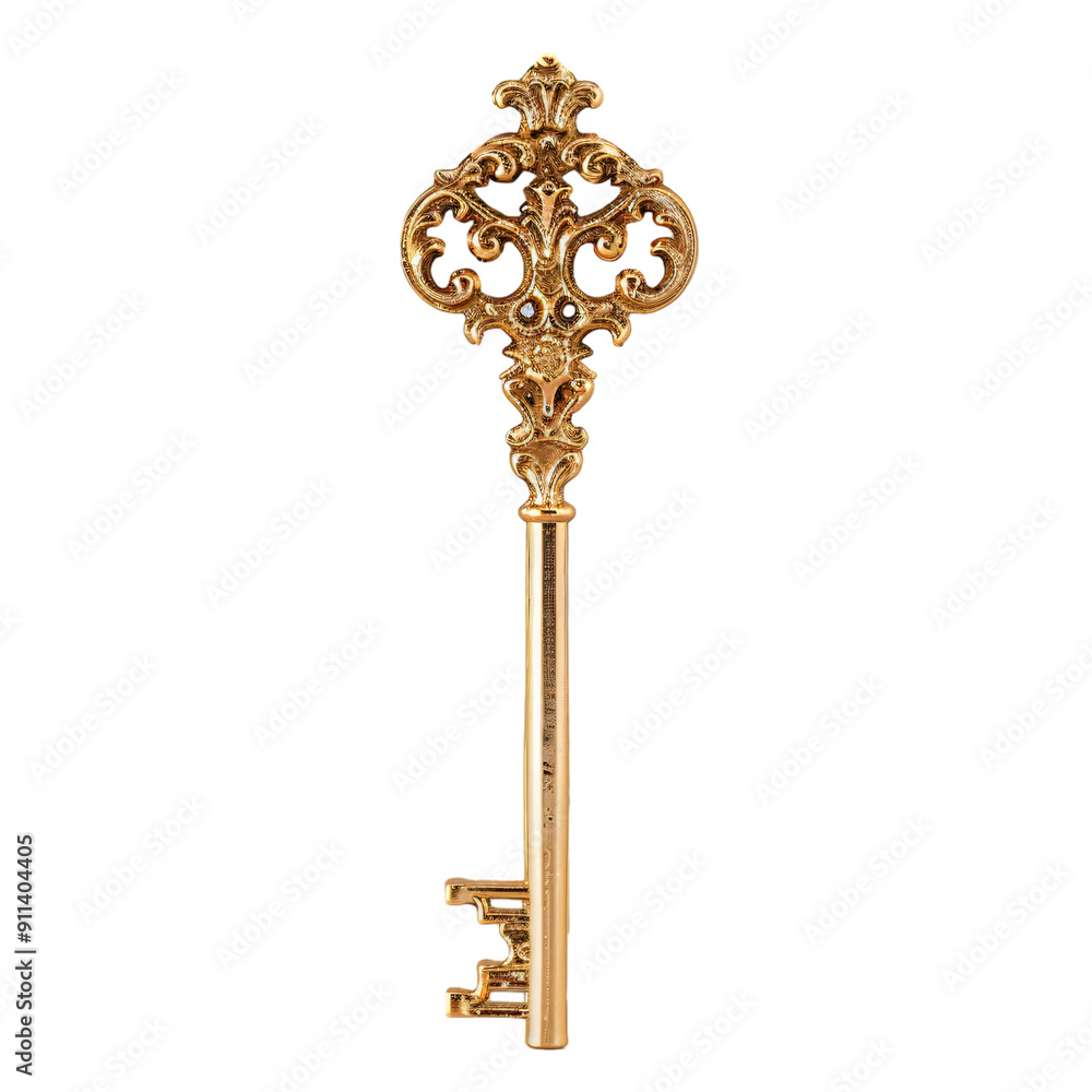 An ornate baroque gold key with intricate designs An ornate baroque gold key with intricate designs