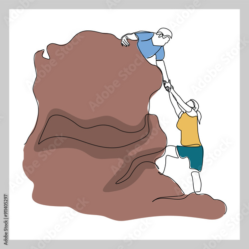 Continuous single line sketch drawing group of people man woman helping each other hike up a mountain. One line art business, success, leadership, achievement and goal