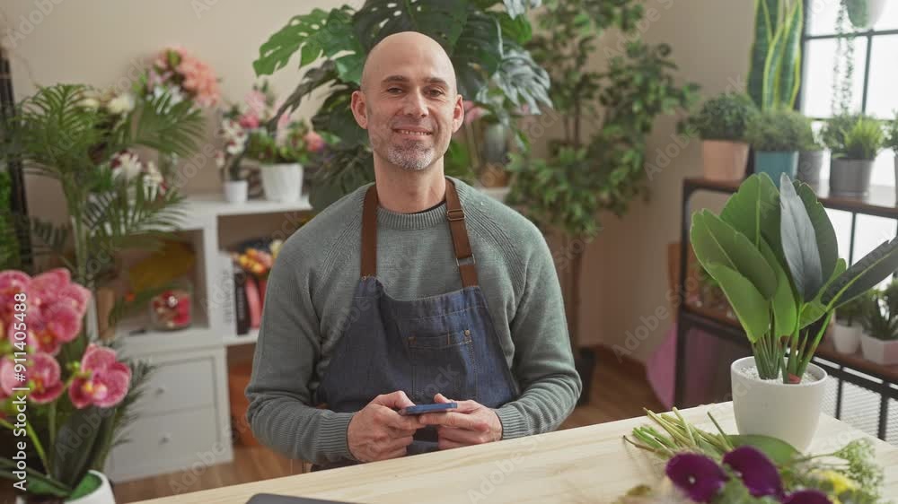 Smiling bald man with beard wearing apron in a flower shop holding a smartphone, surrounded by lush greenery and vibrant flowers. Smiling bald man with beard wearing apron in a flower shop holding a smartphone, surrounded by lush greenery and vibrant flowers.