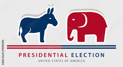 Banner with a red elephant and a blue donkey, symbols of the Republican and Democratic parties above the words "Presidential Election in United States of America" with horizontal red and blue lines 