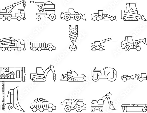 construction vehicle heavy icons set vector. excavator machinery, bulldozer tractor, machine digger yellow loader, shovel, land construction vehicle heavy black contour illustrations