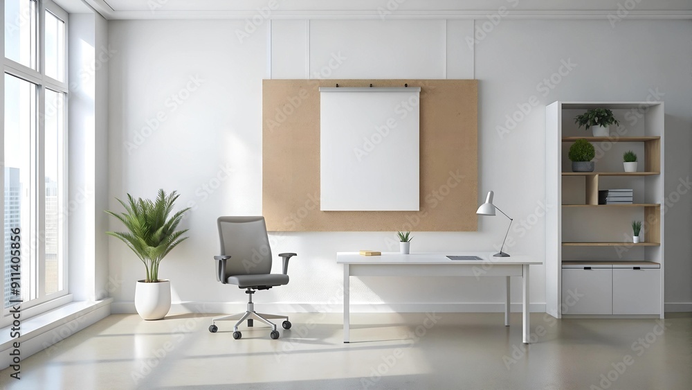 Minimalist White Office with an Empty Bulletin Board Generative AI Minimalist White Office with an Empty Bulletin Board Generative AI