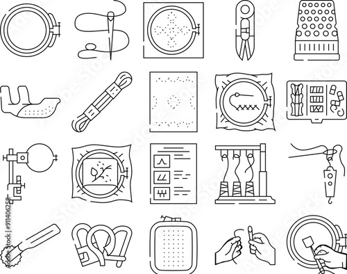 embroidery thread fabric needle icons set vector. fashion stitch, cloth textile, cotton machine, sewing work, linen, garment, flower embroidery thread fabric needle black contour illustrations