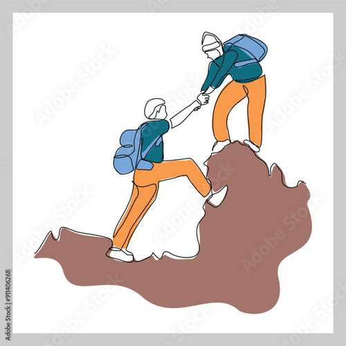 Continuous single line sketch drawing group of people man woman helping each other hike up a mountain. One line art business, success, leadership, achievement and goal