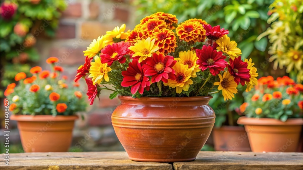 Vibrant display of red and yellow flowers in a terracotta vase, blooming, bouquet, vibrant, display, red, yellow Vibrant display of red and yellow flowers in a terracotta vase, blooming, bouquet, vibrant, display, red, yellow