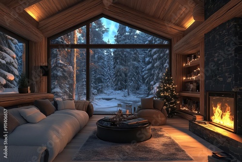 cozy log cabin interior with aipowered smart decorations holographic fireplace and mixedreality window showcasing snowy forest outside photo