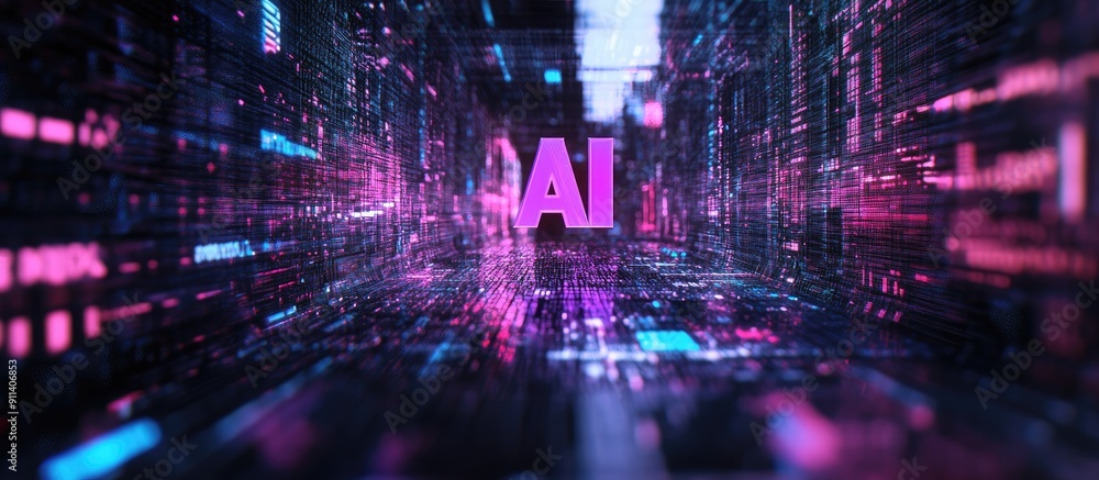 3D Rendered Text on AI Technology with Glitch Effects and Interference Patterns 3D Rendered Text on AI Technology with Glitch Effects and Interference Patterns
