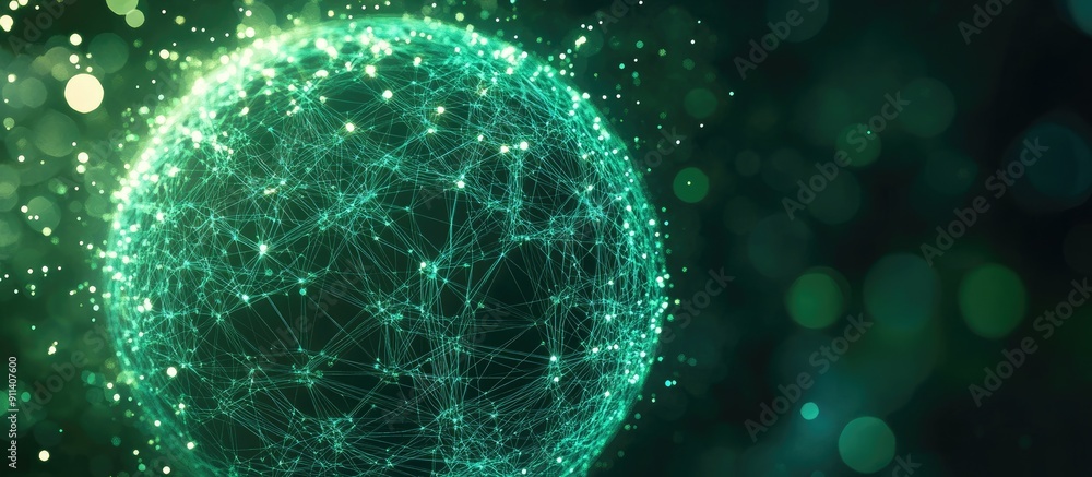 Fototapeta premium Abstract green sphere connected by dots showcasing a wireframe of particles Visualization of big data 3D rendering