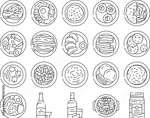 korean cuisine food meal icons set vector. kimchi soup, bibimbap sauce, chicken kimbap, roll japchae, gimbap, sesame, stir korean cuisine food meal black contour illustrations