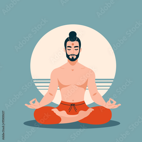Vector illustration of a man meditating in the lotus position with eyes closed. He has a topknot hairstyle, a beard, and is dressed in orange pants. Muslim man with beard in lotus position. 