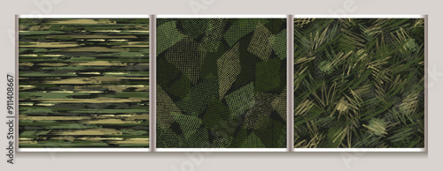 Seamless khaki green camouflage patterns. Abstract lines and shapes. Grunge texture. For apparel, fabric, textile, sport goods.